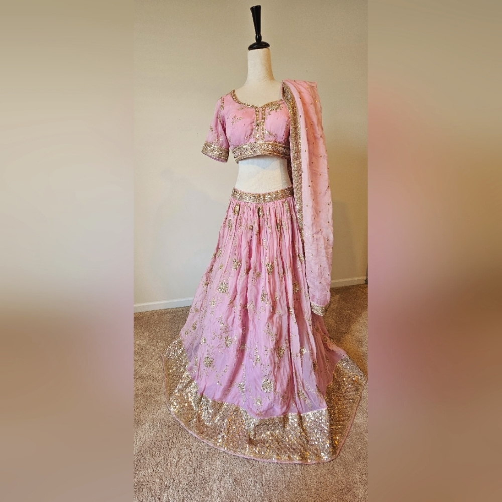 Baby Pink and Gold Embroidered Sequin Lehenga